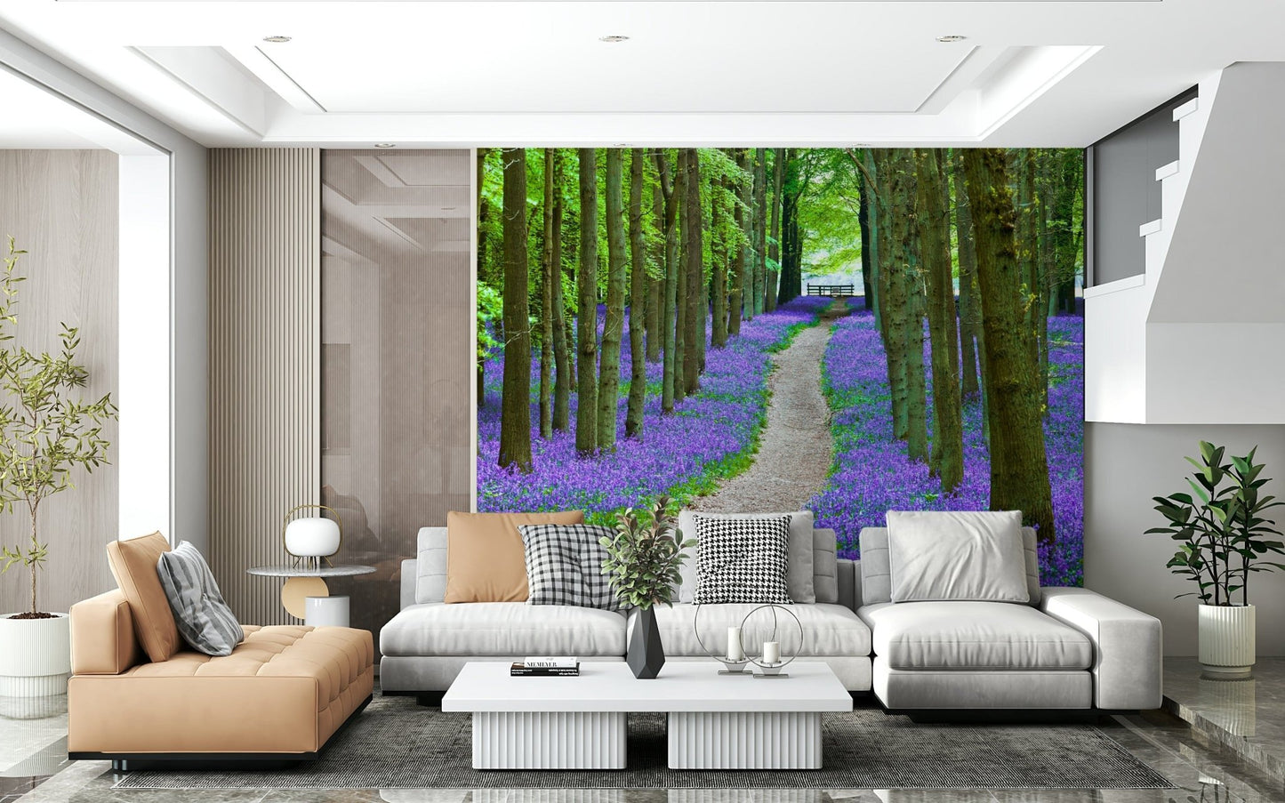 Scenic wallpaper capturing a serene woodland walkway lined with thousands of bluebells.