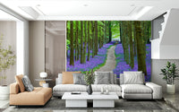 Scenic wallpaper capturing a serene woodland walkway lined with thousands of bluebells.