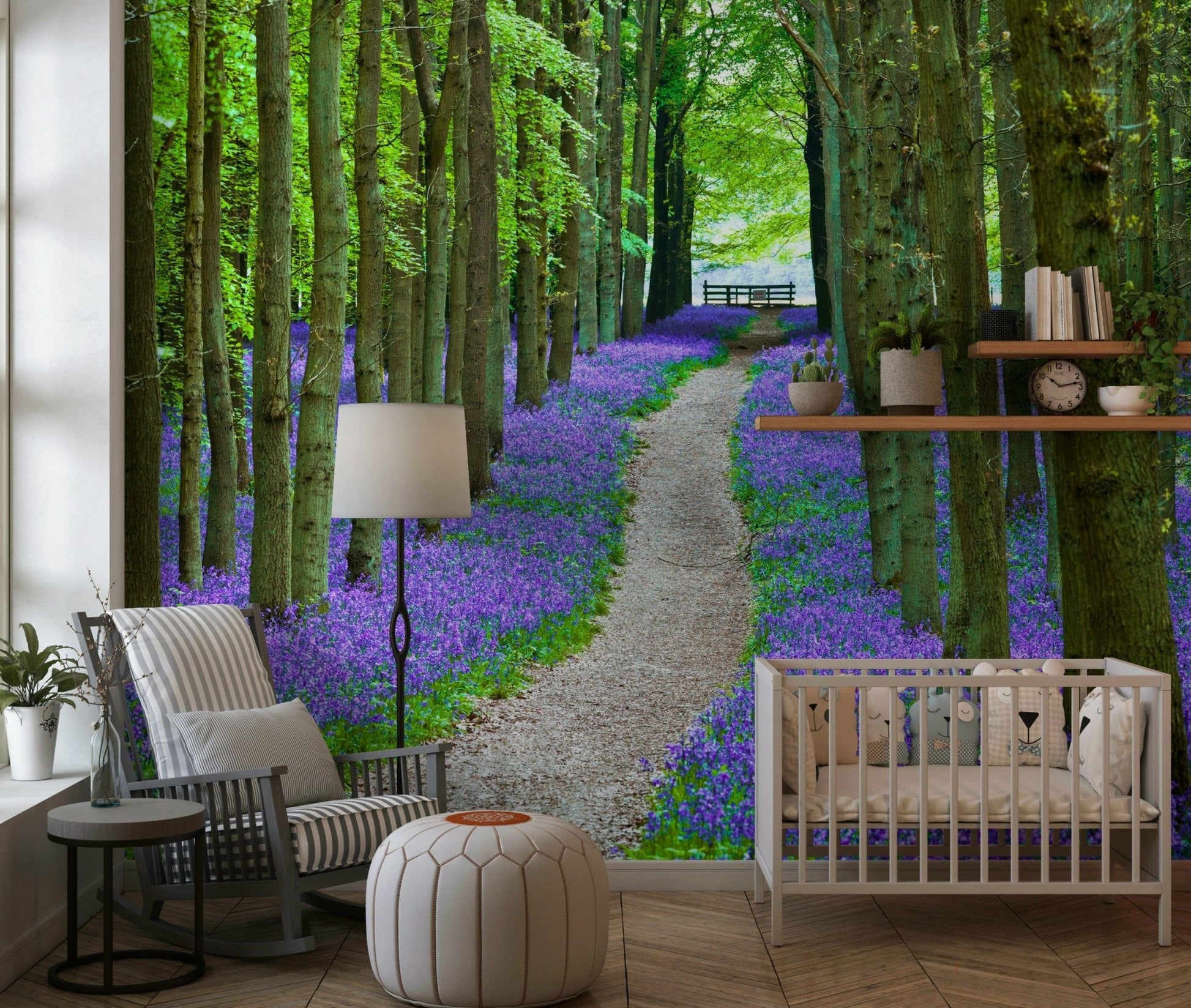 Woodland wallpaper featuring a tranquil path leading through fields of blooming bluebells.