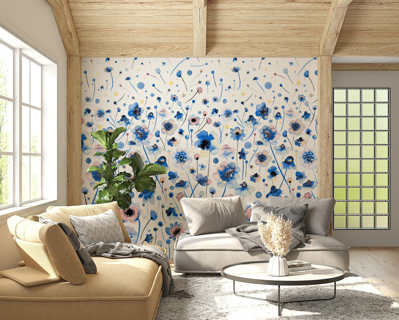 Bluebell Blush Wall Mural with soft floral patterns in a living room