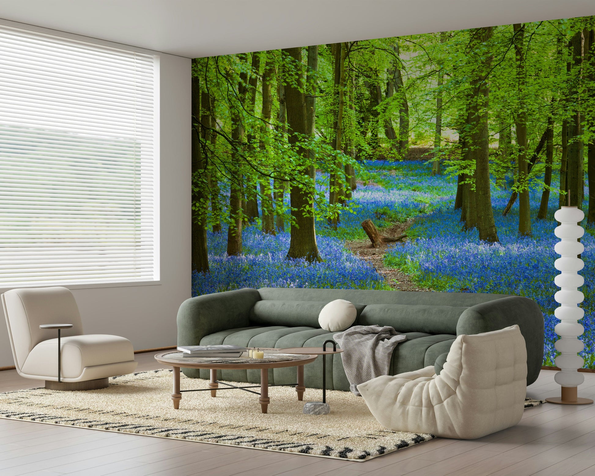 Azure Pathway Wall Mural behind sofa, modern wall decor with serene blue scenery