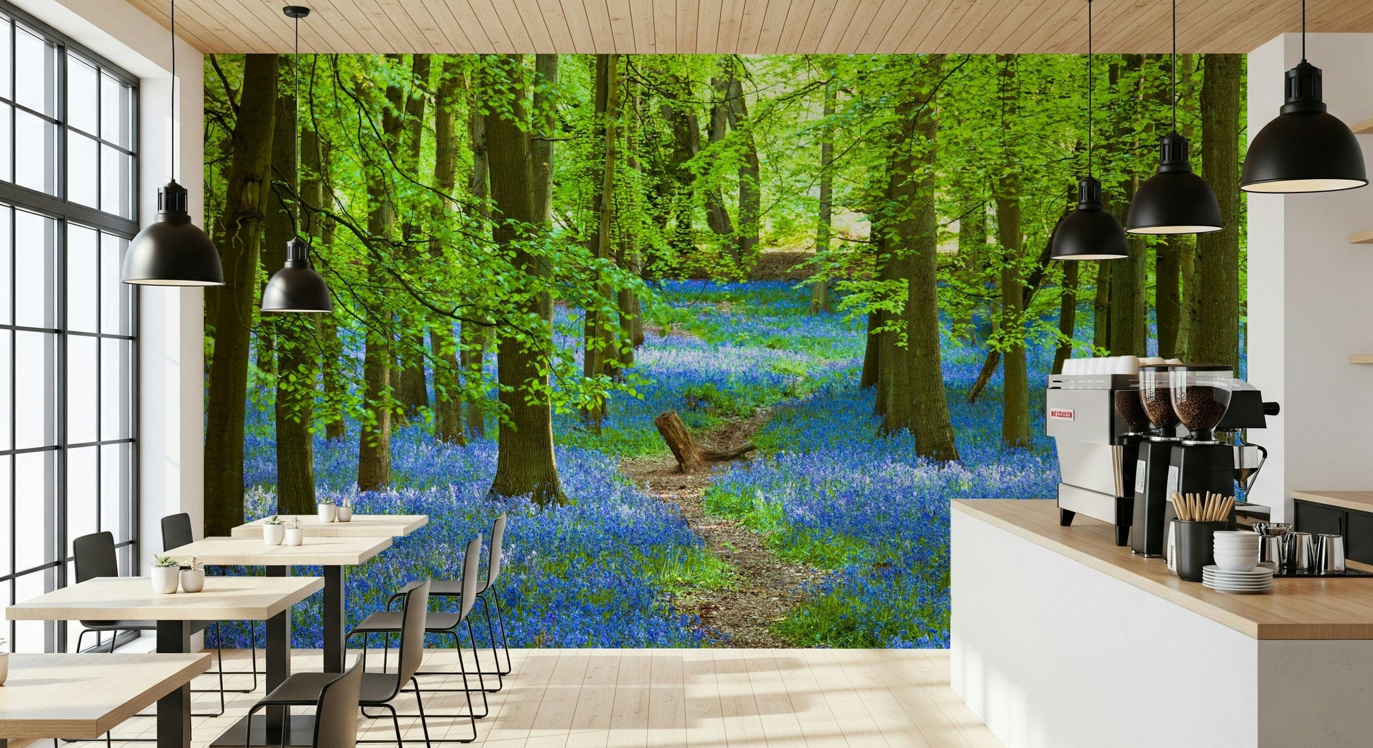 Reading nook wall decor with blue pathway mural, calm landscape style and soft light