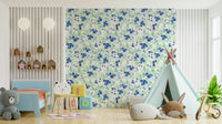 The wallpaper shows a hand-painted blueberry and leaf pattern.

