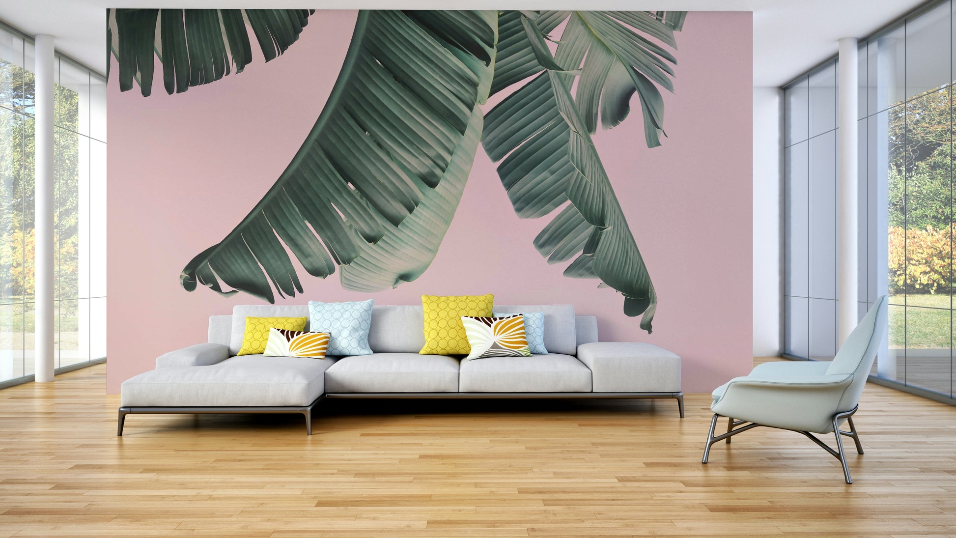 Living room styled with Blush & Banana mural design

