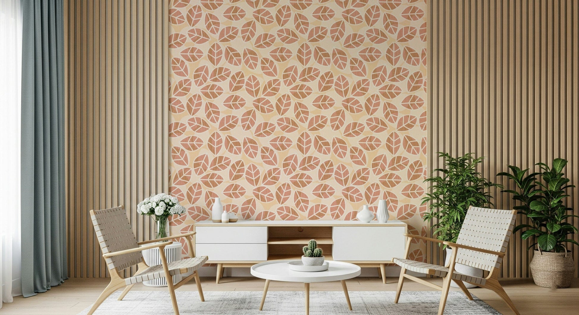 Soft Autumn Leaves Wall Mural – Elegant wallpaper featuring gentle autumnal foliage in blush and earthy shades.