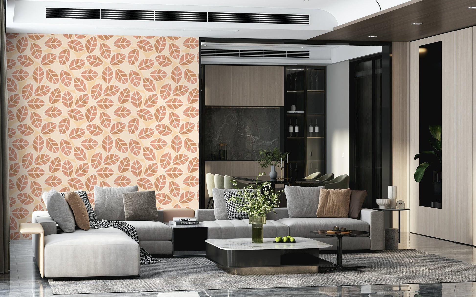 Blush and Amber Autumn Leaf Wallpaper – Decorative design highlighting delicate leaves in muted fall colors.