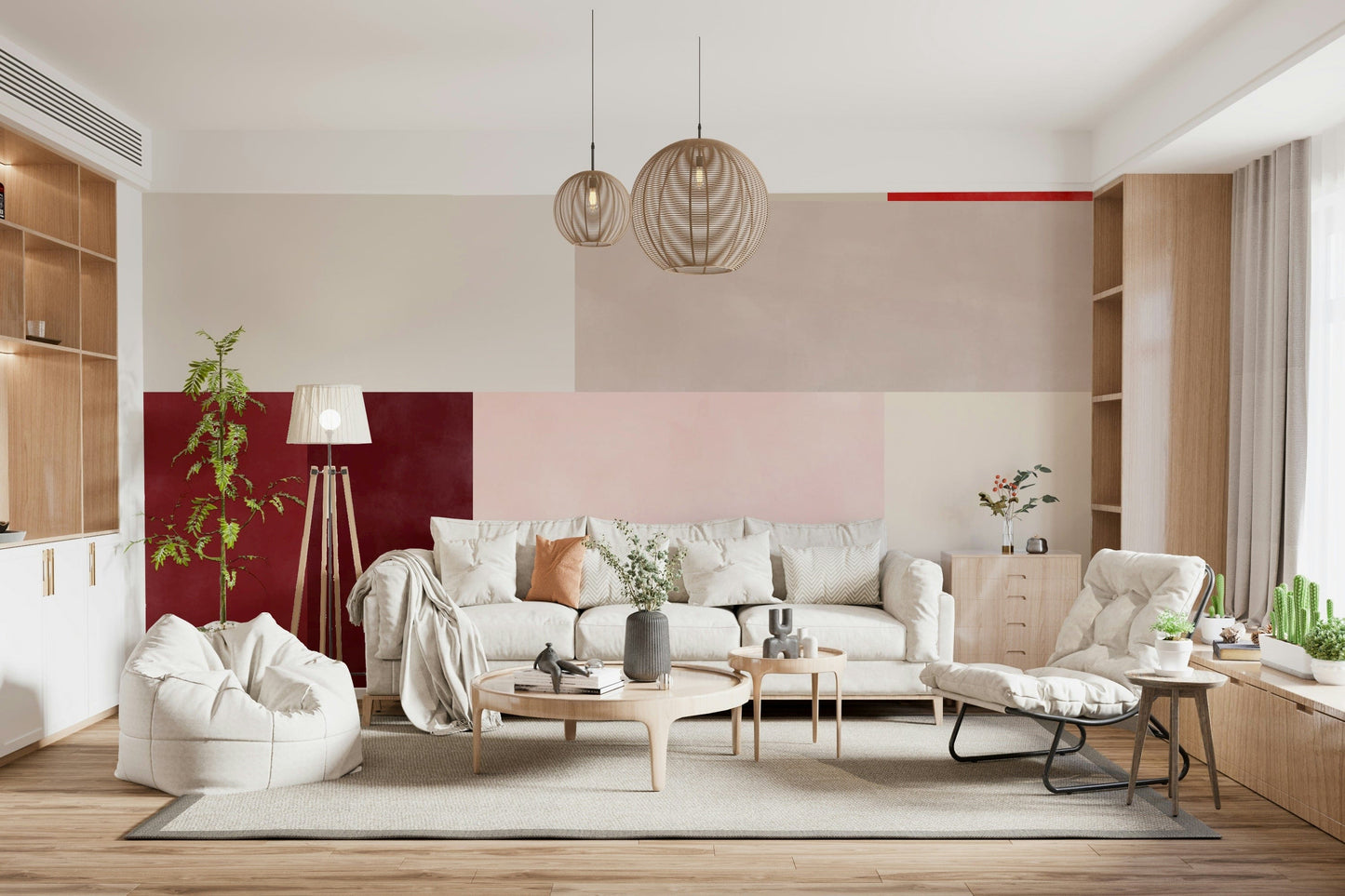 A peaceful geometric design mural on decorative wallpaper.

