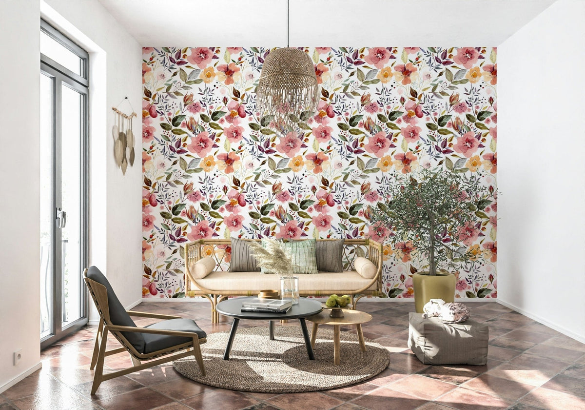 Blush Bloom Echo botanical watercolor floral wall mural decor.