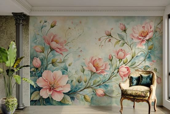 Chic floral wallpaper with flowing blush bloom patterns

