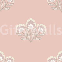 Rosy pink wallpaper, classic flower emblem, harmonious design element repeat.
