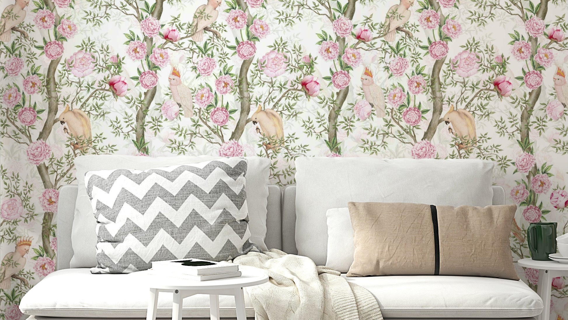 Blush Blossom & Birds Wallpaper with pink peonies and birds.

