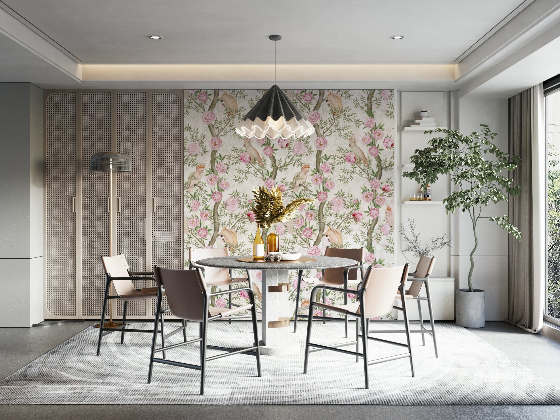 Blush floral wallpaper mural with rich contrast and detail.

