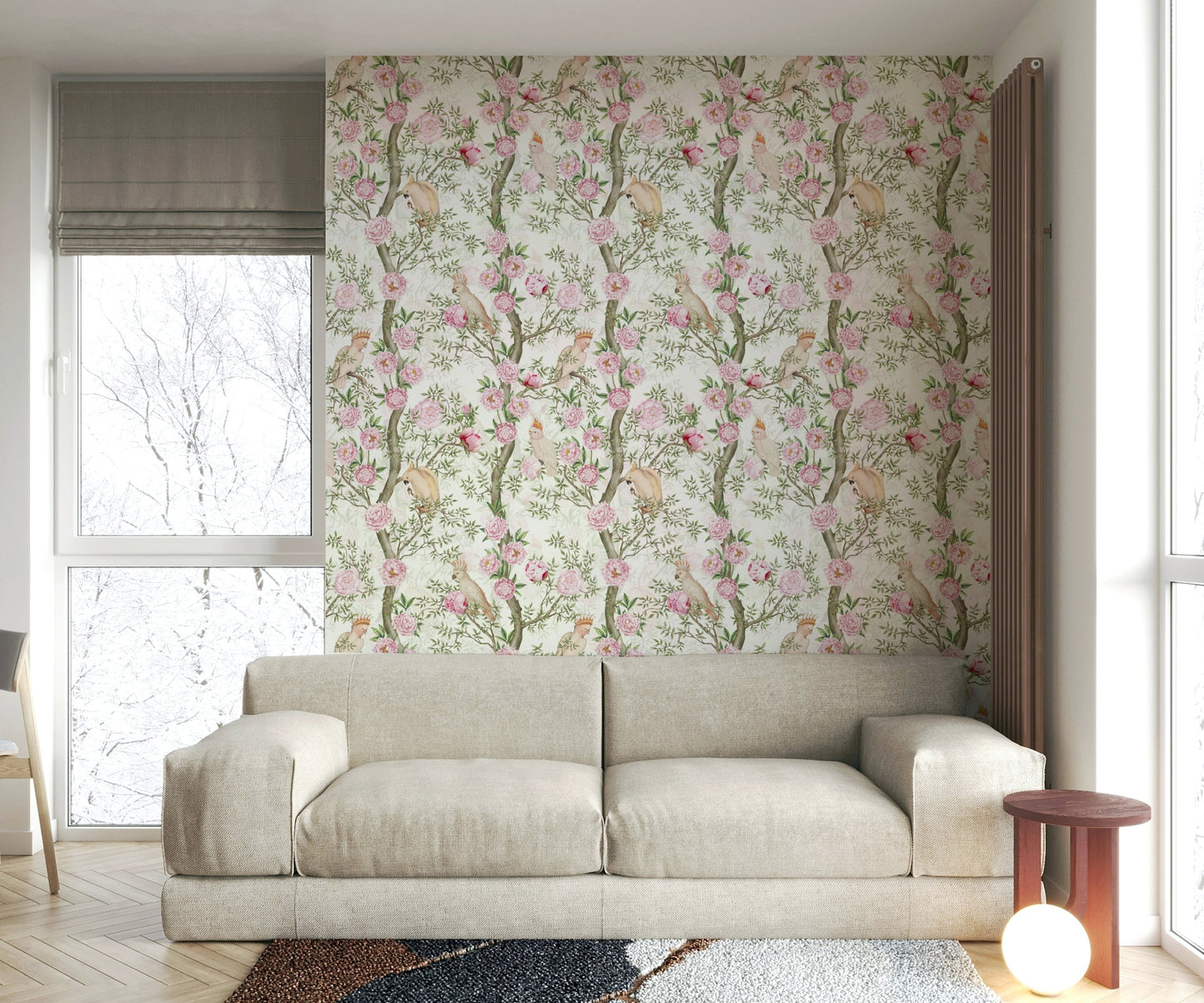 Wallpaper with birds resting on branches filled with peonies.


