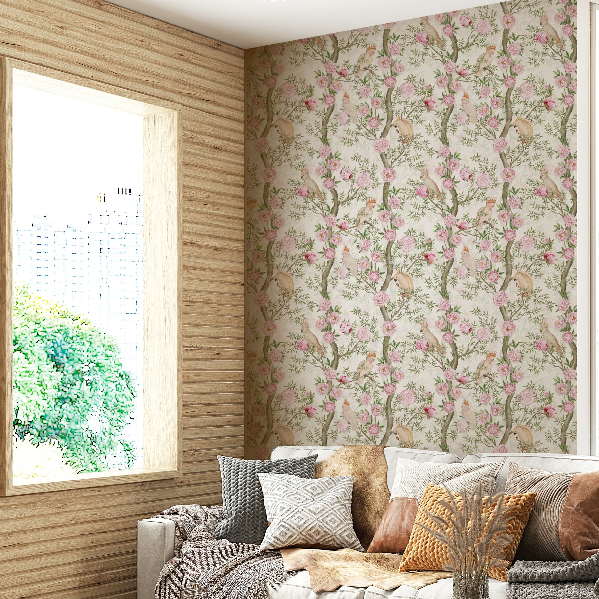 Dark wallpaper with soft blush flowers and perched parrots.

