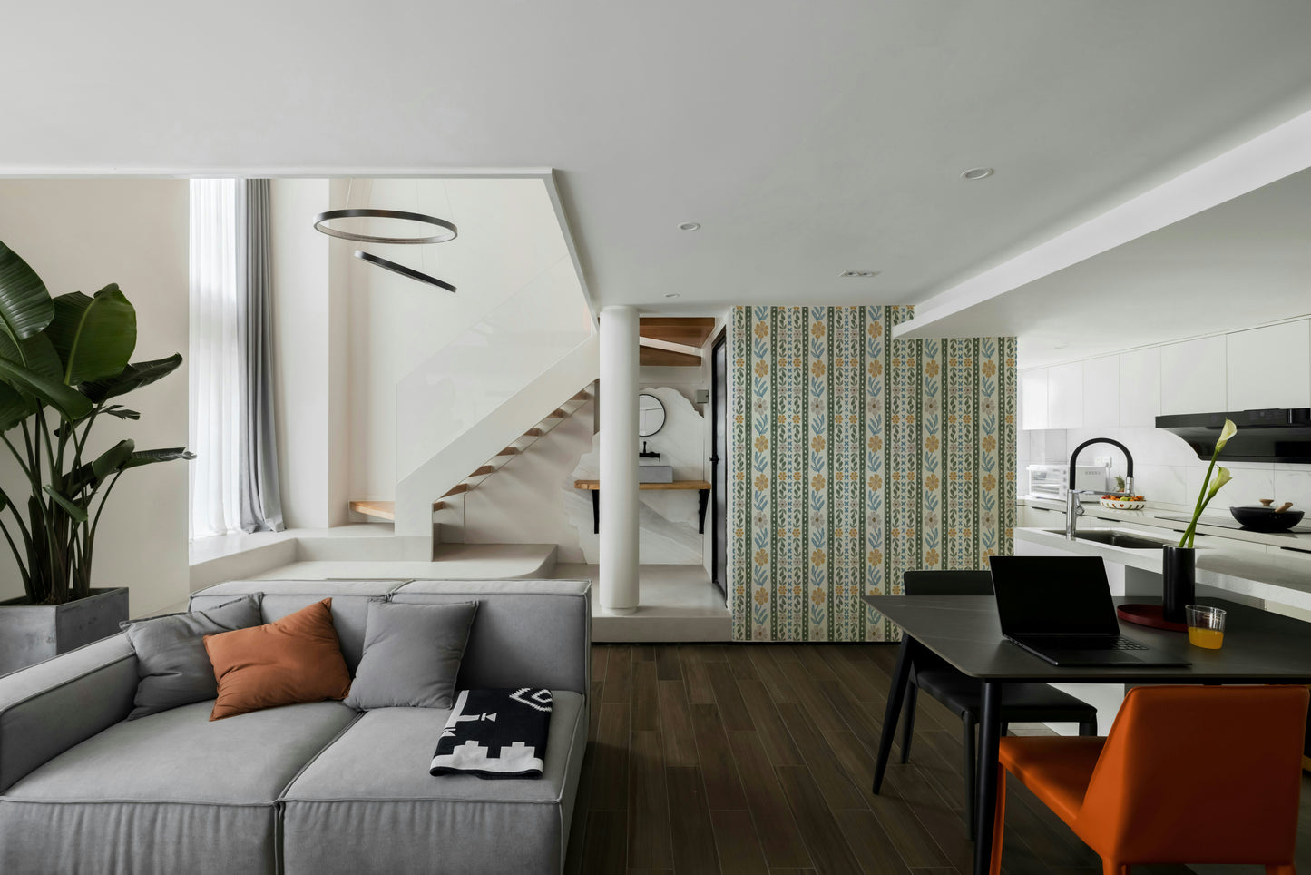 Soft blush and blue botanical wallpaper pattern

