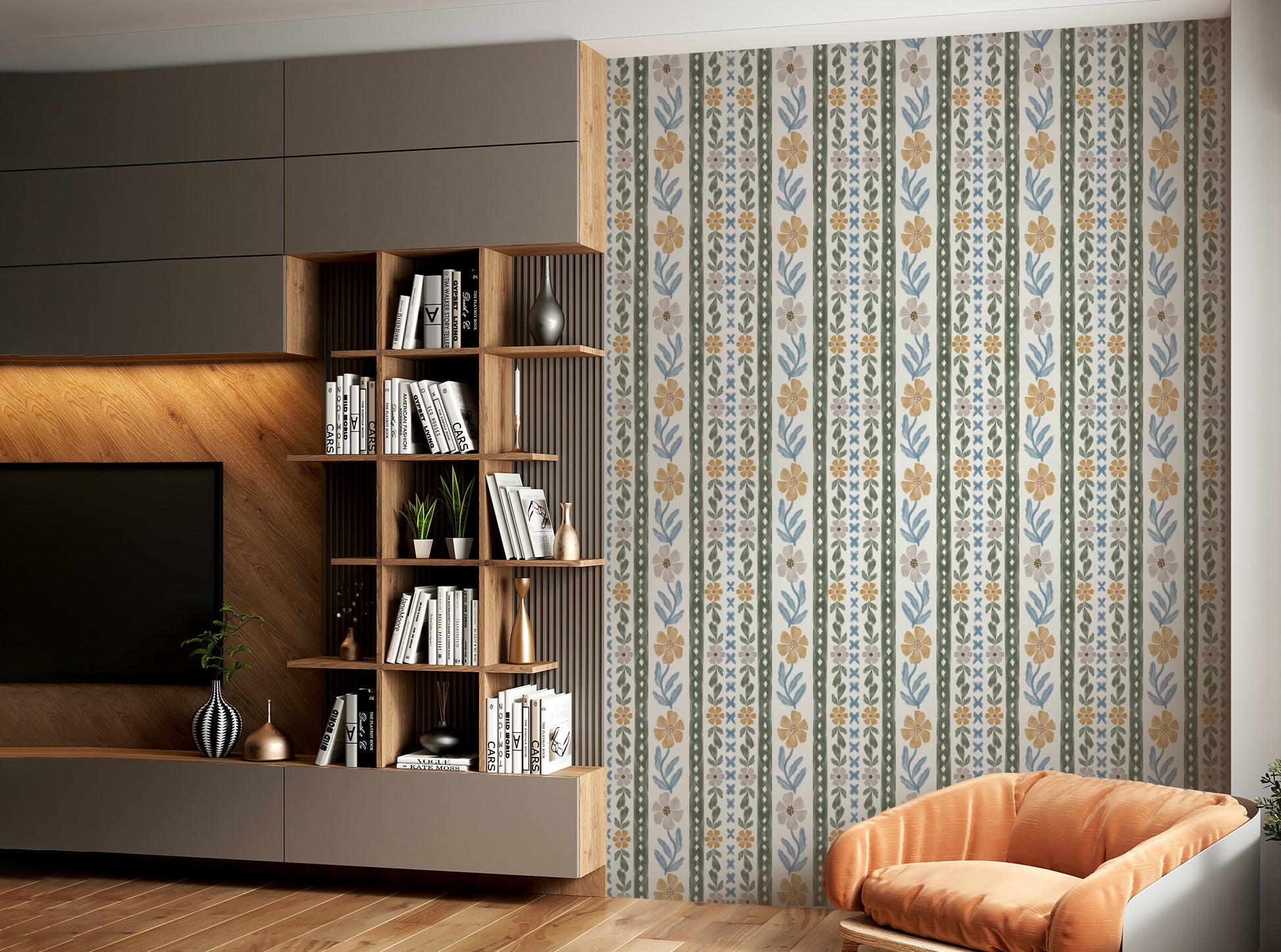 Blush and blue botanical wallpaper close-up detail

