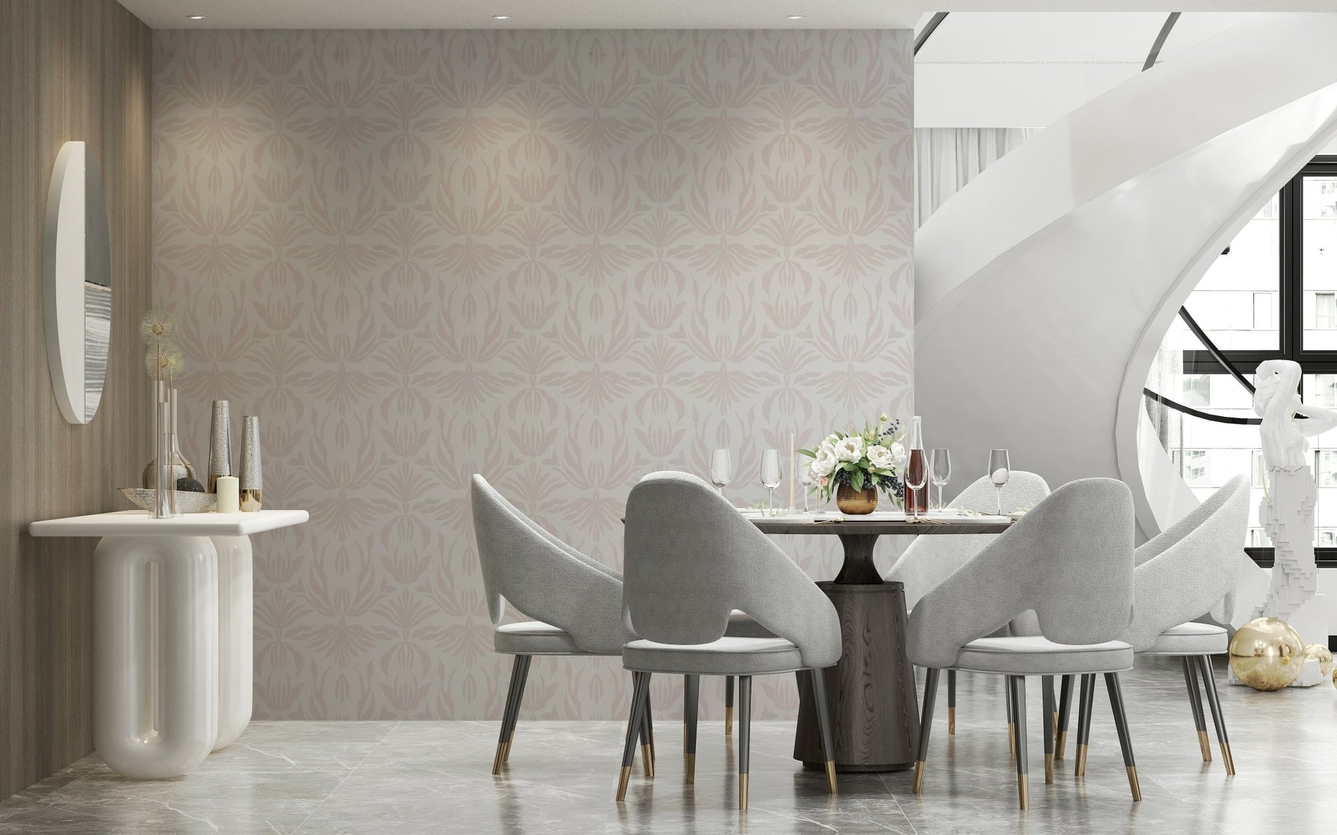 Soft blush wallpaper with repeating botanical patterns for a sophisticated look.