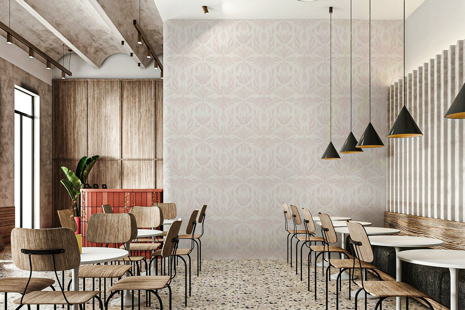 Romantic blush-toned botanical wallpaper adding a soft, elegant touch to any room.