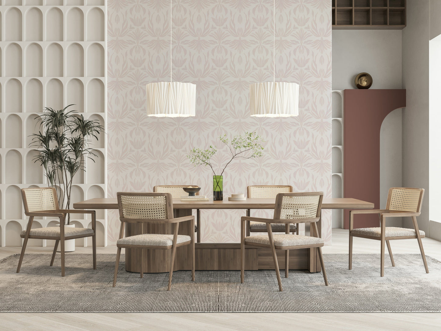 Botanical-inspired wallpaper in blush hues creating a calm, stylish wall design.