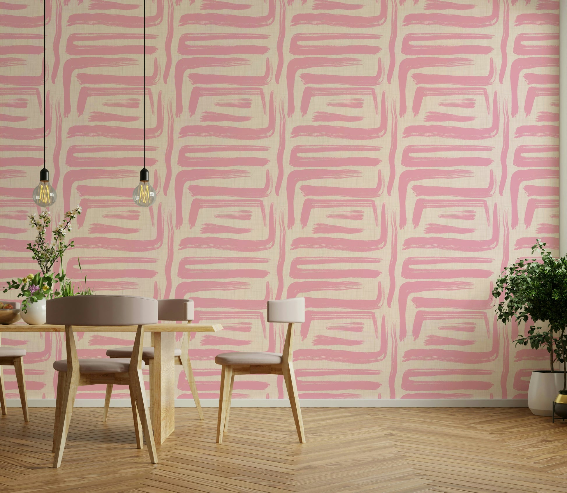 Modern room with blush pink retro wallpaper accent

