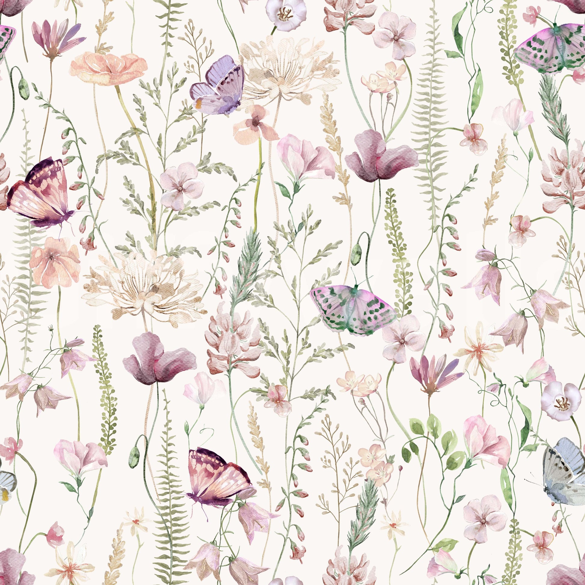 Blush Butterfly Meadow elegant botanical wallpaper mural drawing.