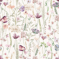 Blush Butterfly Meadow elegant botanical wallpaper mural drawing.