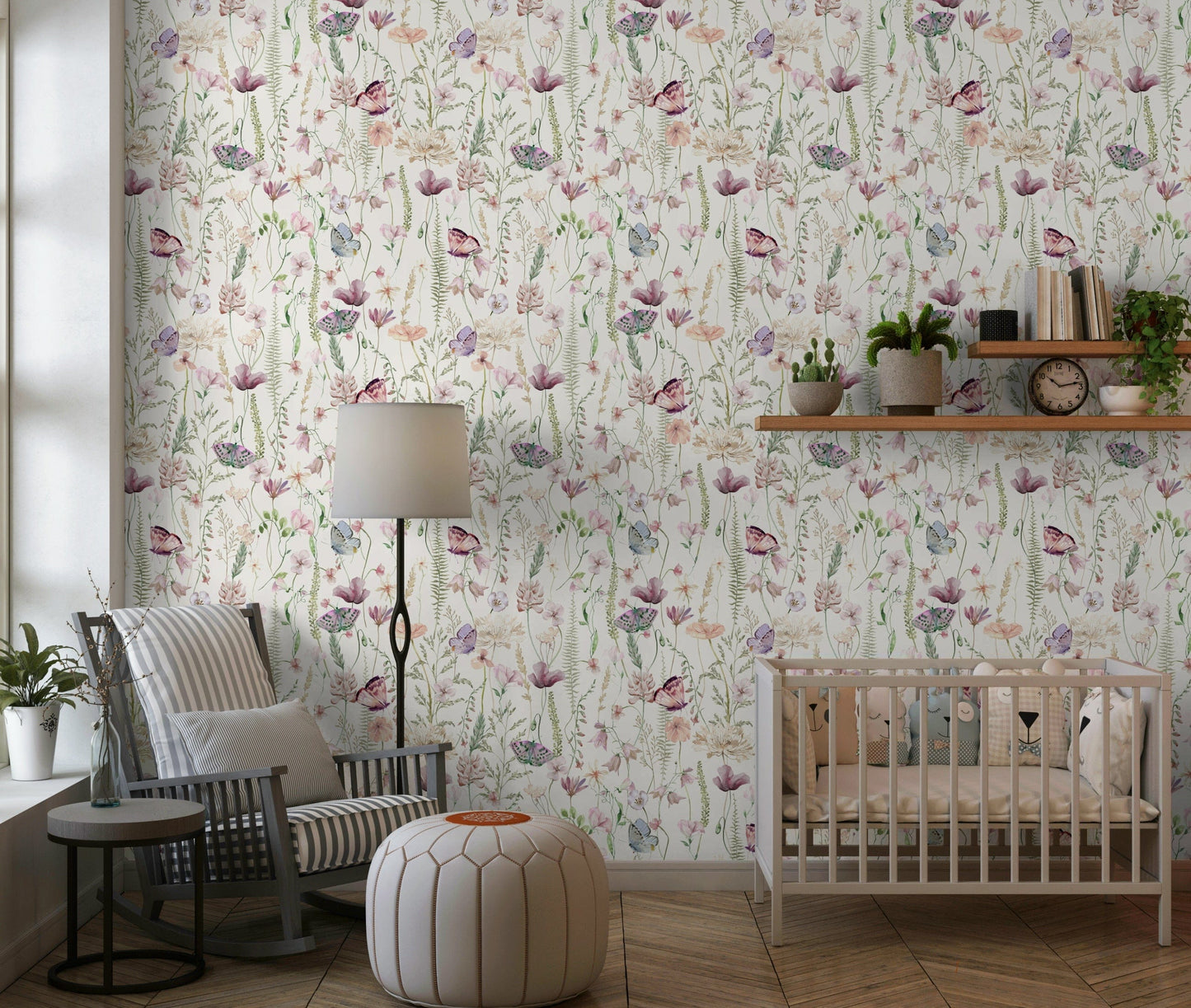 Wallpaper for walls featuring artistic Blush Butterfly Meadow scenery.