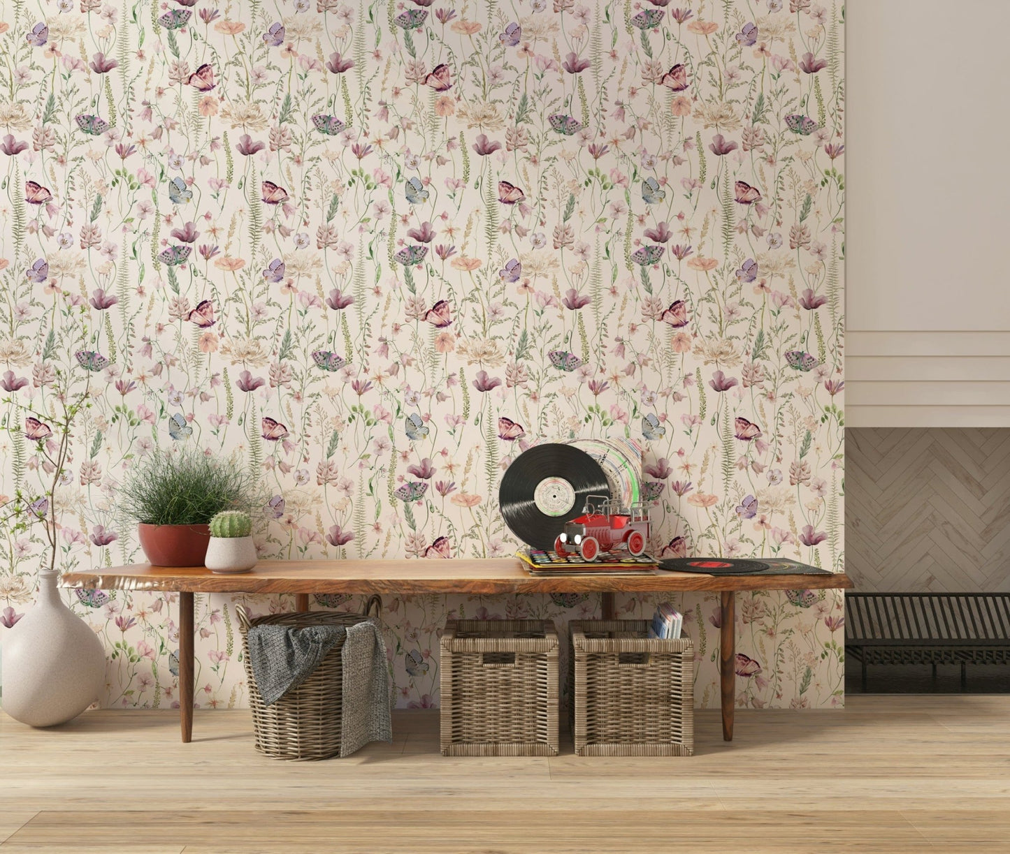 Ethereal meadow wallpaper with subtle insects Blush Butterfly Meadow.