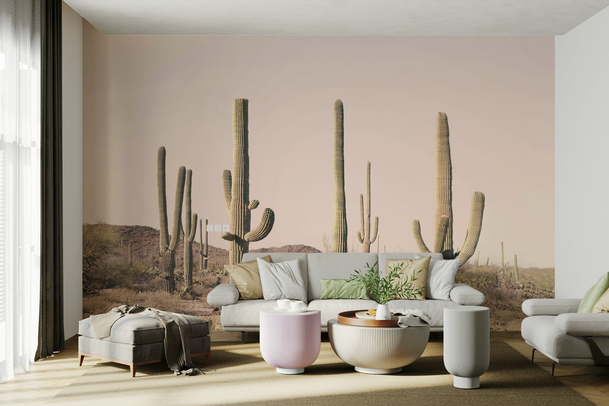Bedroom with Blush Cactus Field wall mural design


