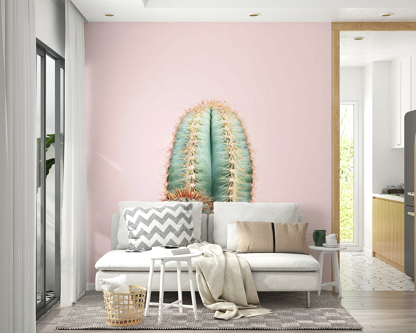 Cactus wallpaper in gentle blush and green hues

