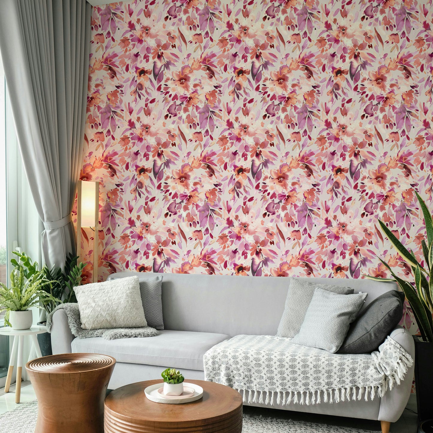 Blush and coral artistic wallpaper with florals

