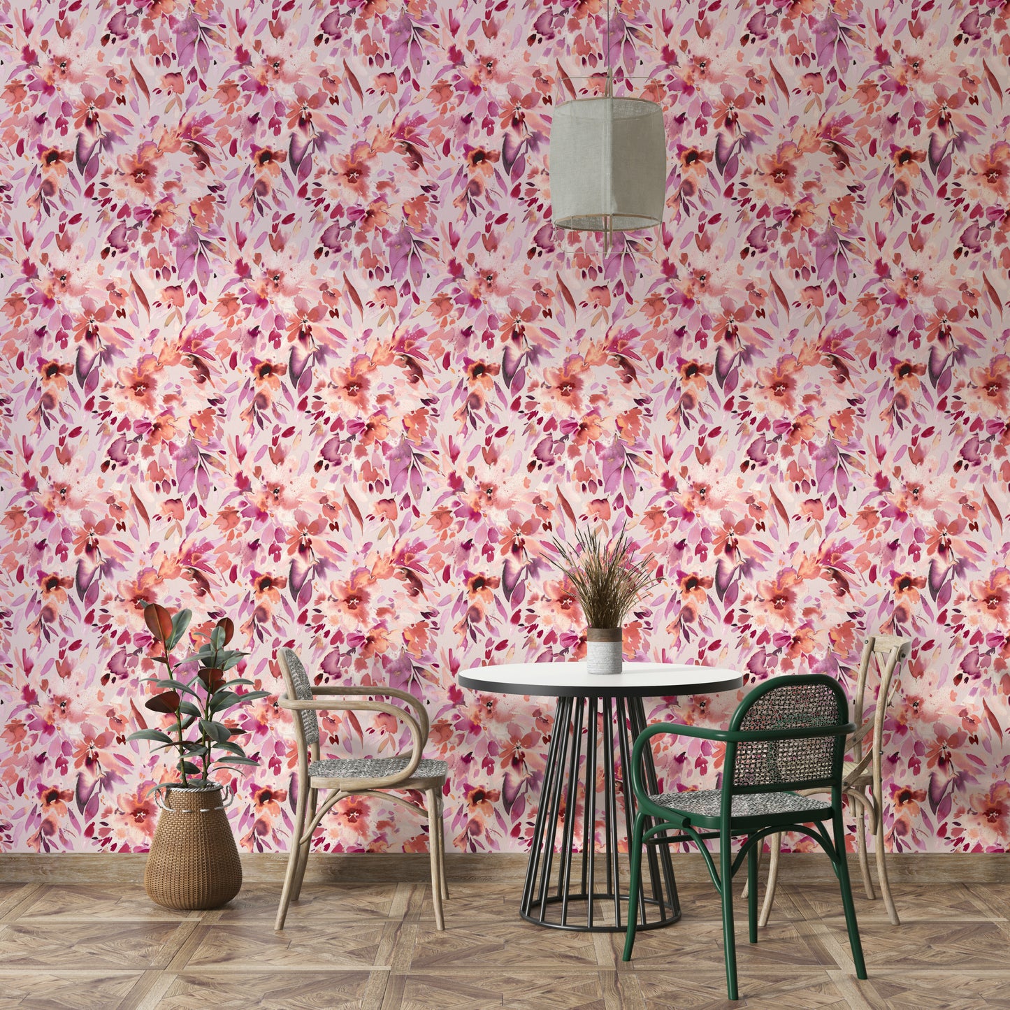 Artistic blush floral print on tropical wallpaper

