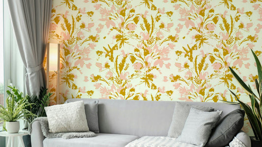 A full-wall mural showing a pattern of painted flowers.
