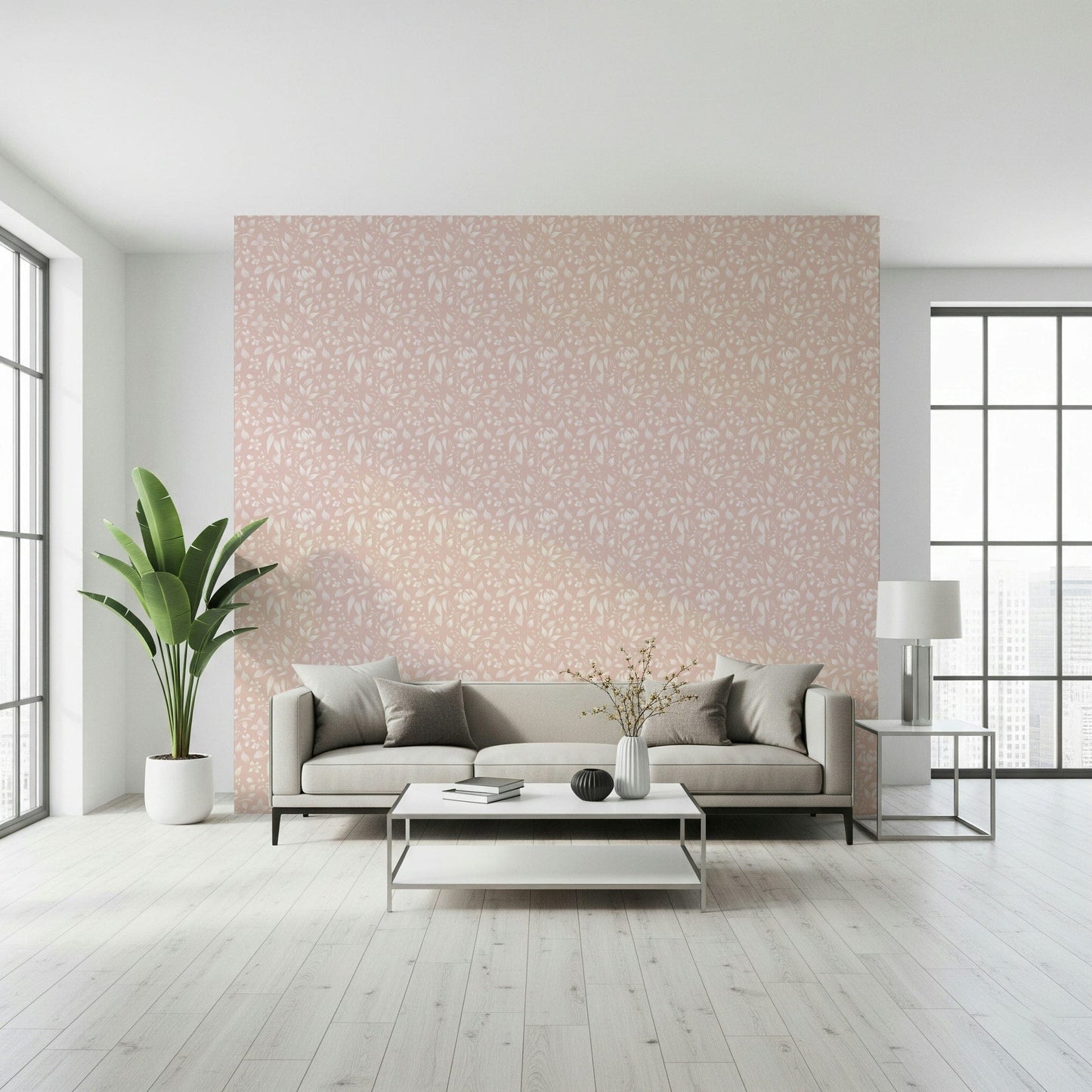 A refined blush wallpaper patterned with tiny blooming flowers to bring a light spring charm.