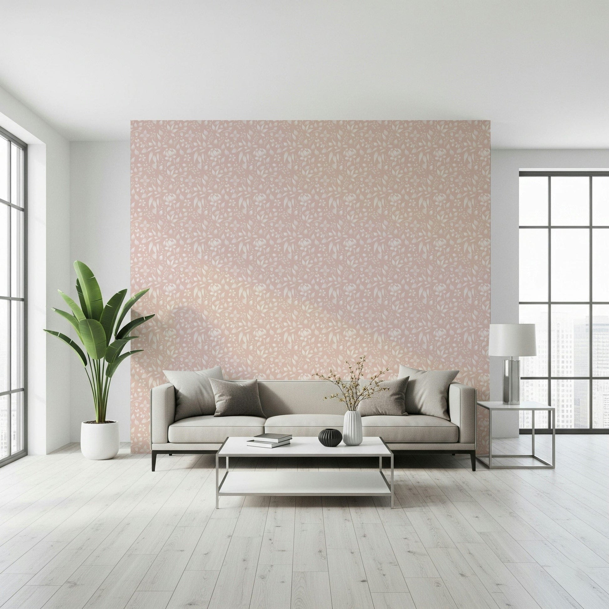 A refined blush wallpaper patterned with tiny blooming flowers to bring a light spring charm.