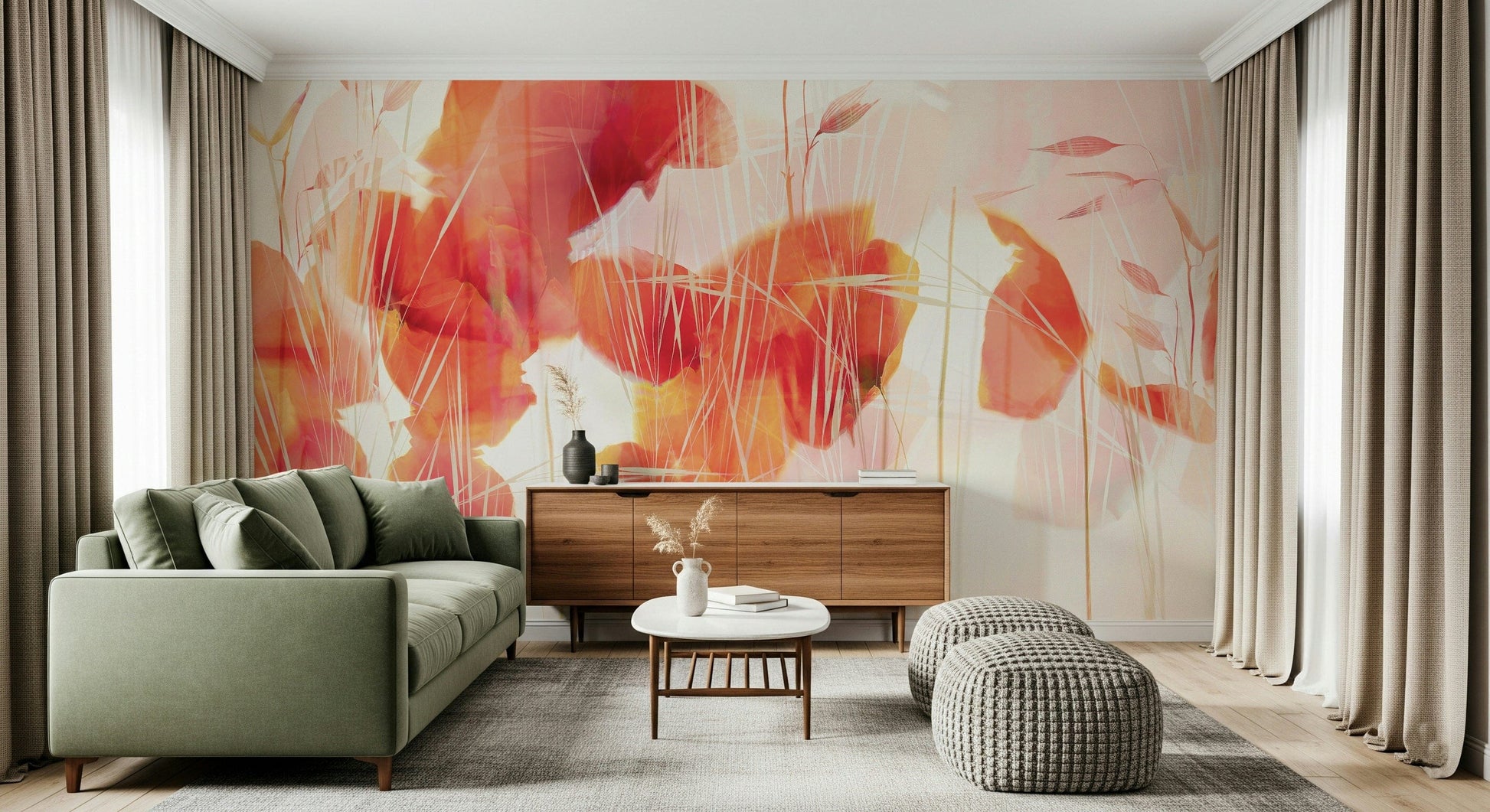 An artistic soft bloom mural on minimalist wallpaper.

