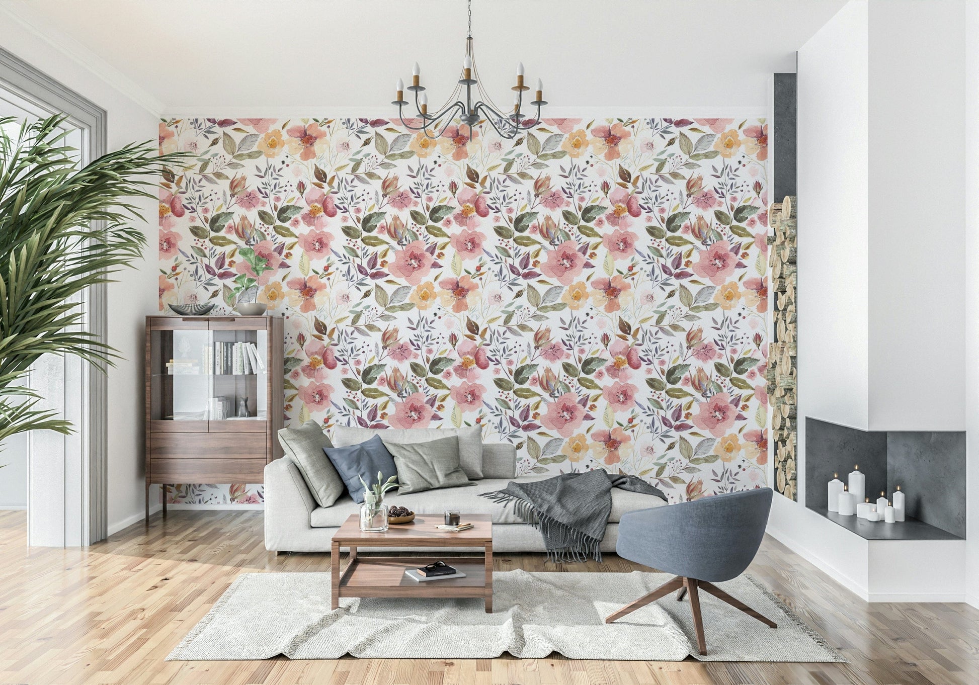 Sophisticated Blush Bloom Echo wallpaper floral accent piece.