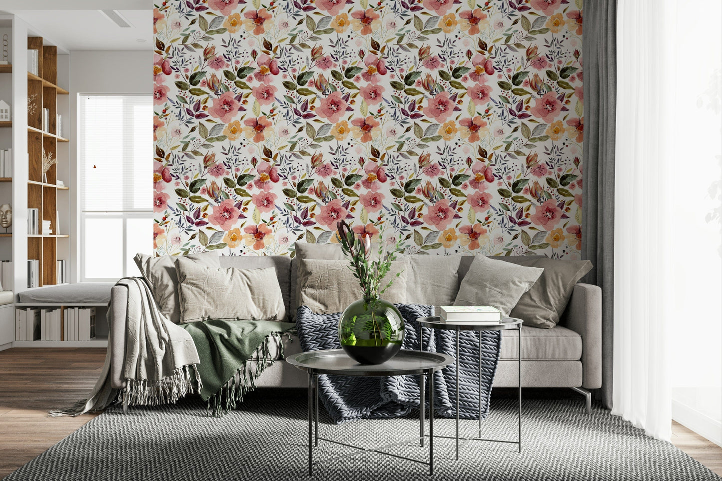 Artistic peel and stick wallpaper Blush Bloom Echo painting style.