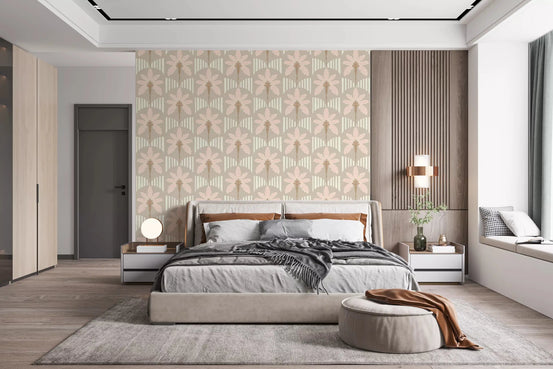Bedroom with blush palm frond wallpaper and curved cream stripes in warm taupe tones