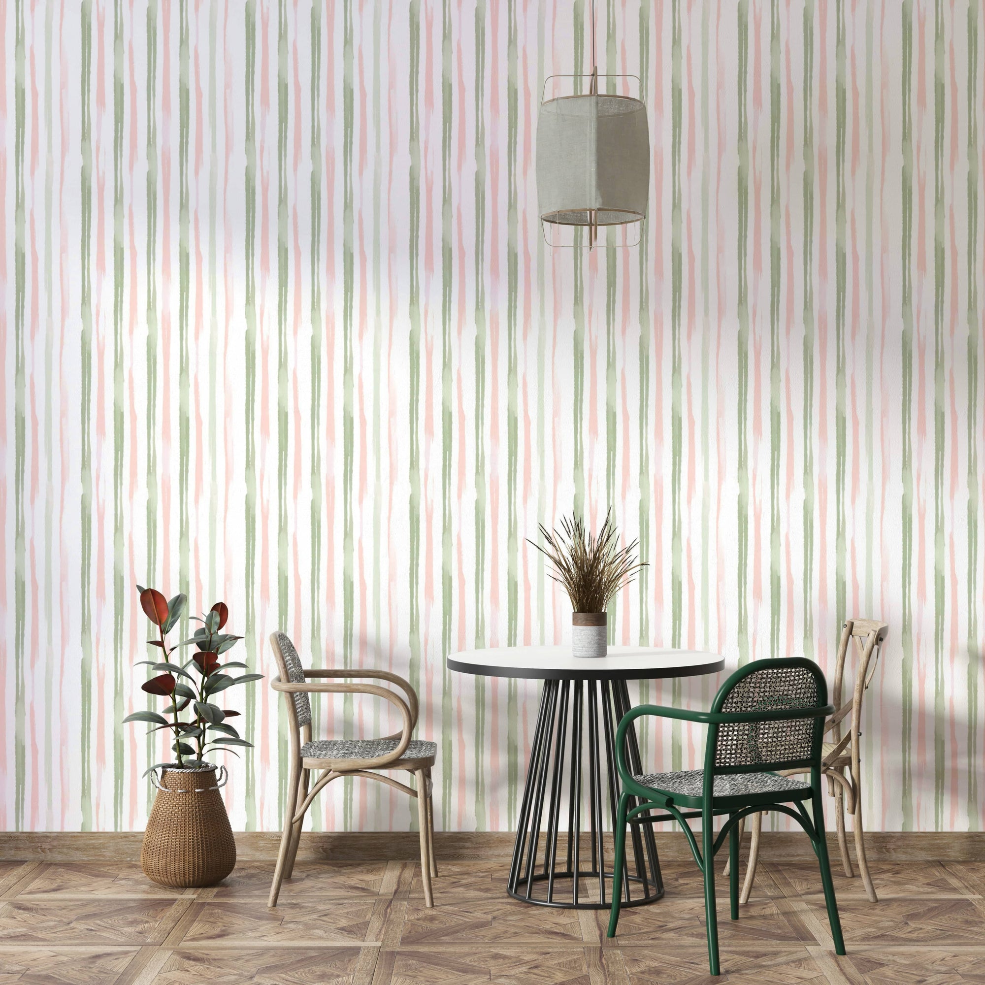 A peaceful abstract stripe mural on decorative wallpaper.

