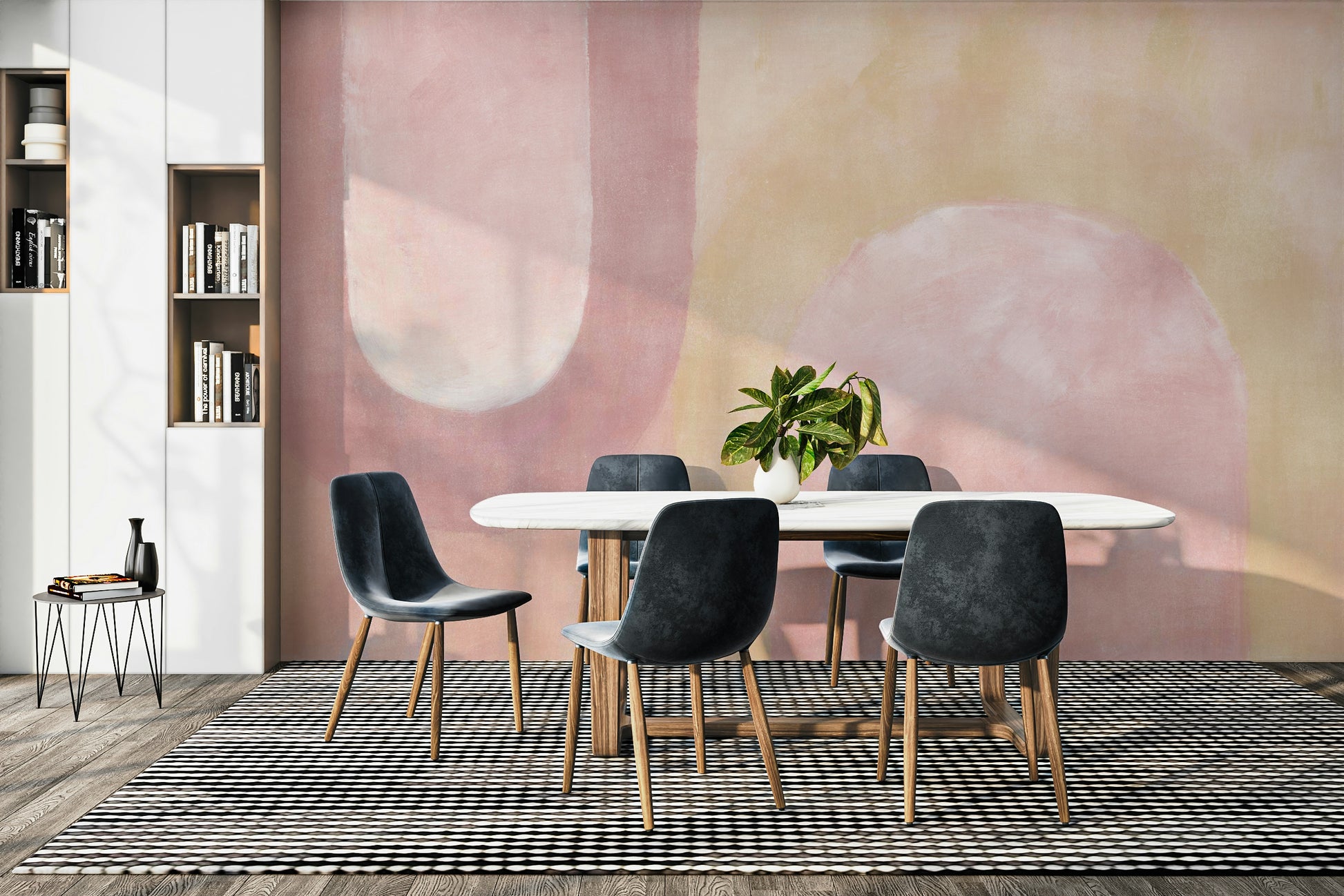 Elegant blush abstract wall covering in bedroom

