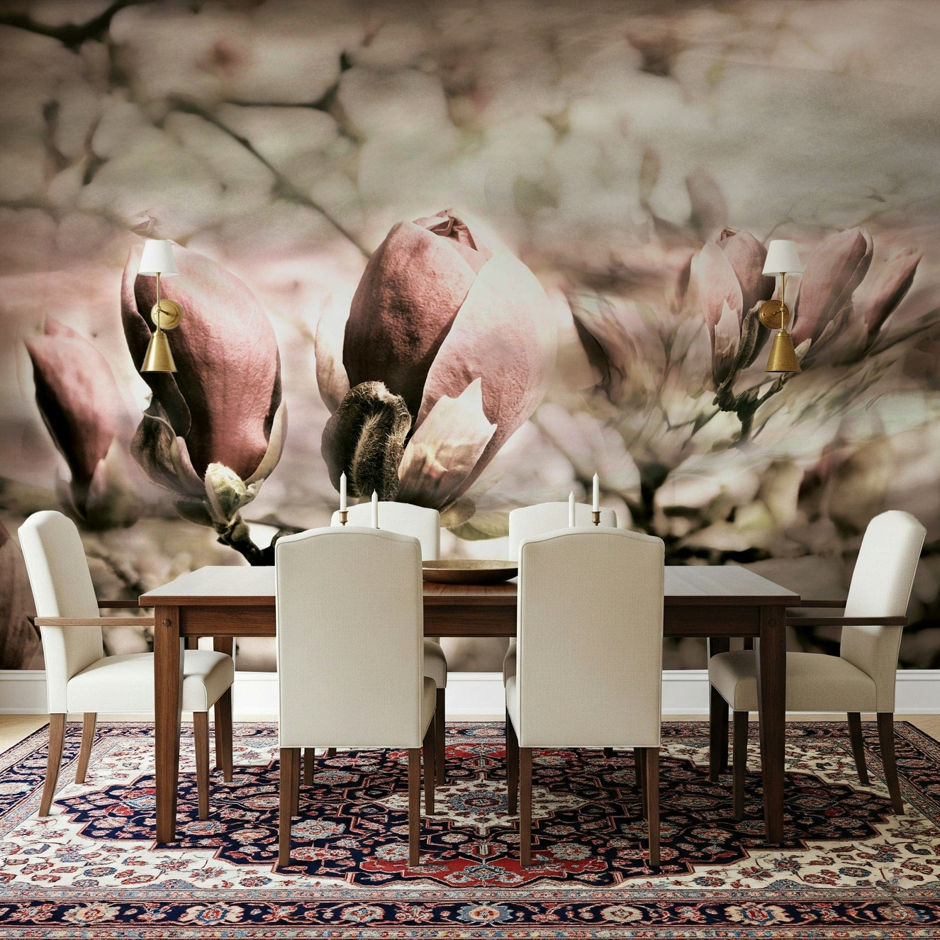 A graceful subtle bloom wall mural in soft, blush tones.

