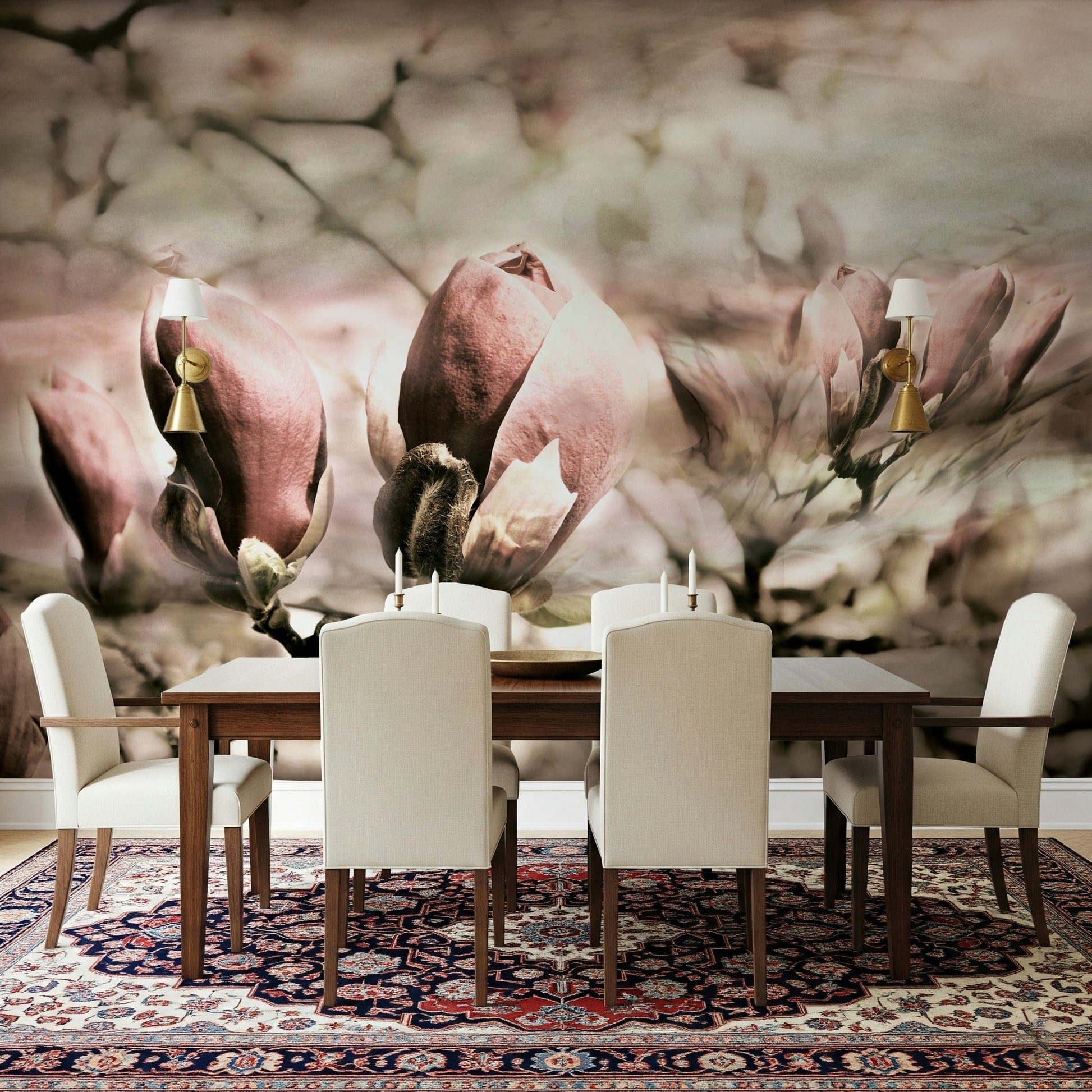 A graceful subtle bloom wall mural in soft, blush tones.

