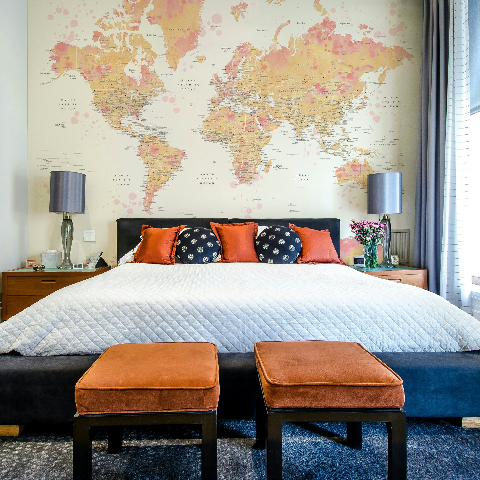 Decorative global map mural in soft pink tint

