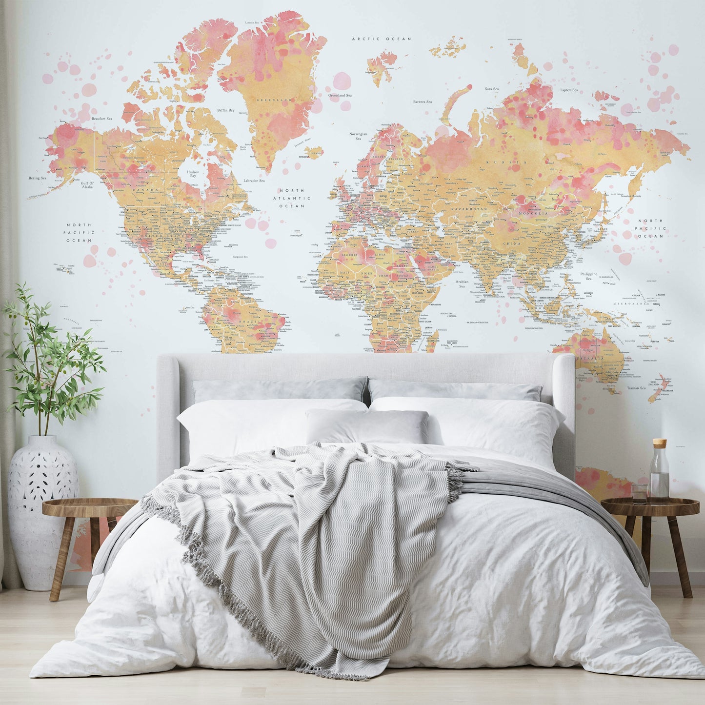 Blush tint world map wallpaper for soft interior spaces


