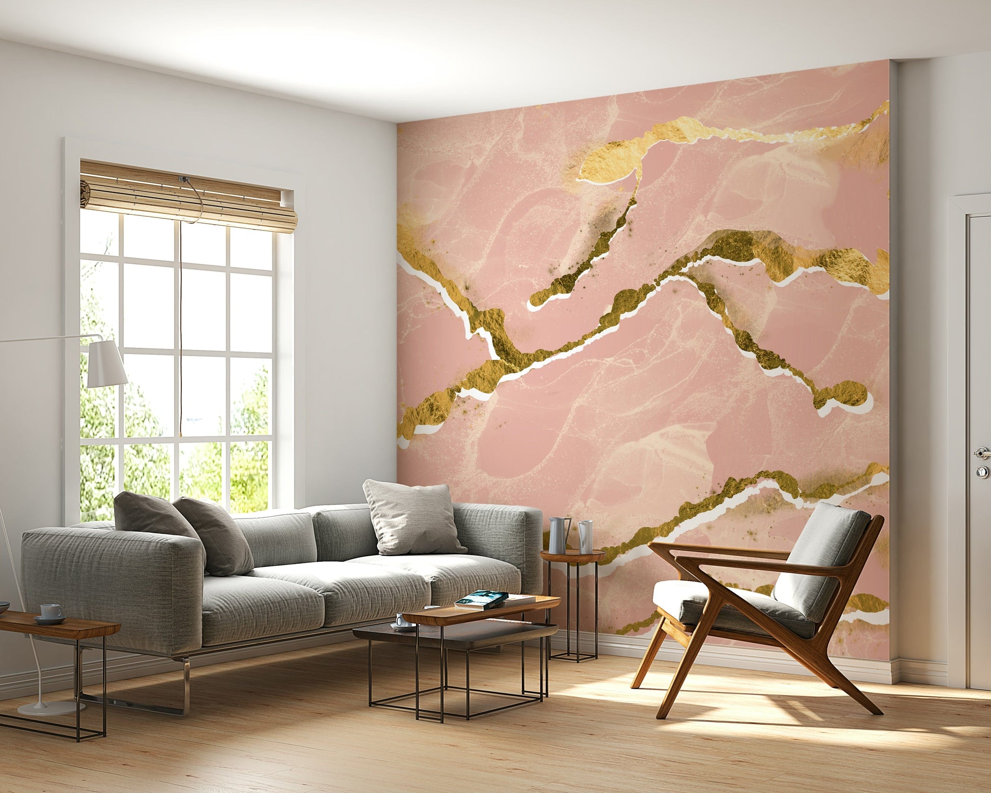 Golden Veined Blush Marble Wallpaper – Elegant wall design with natural blush marble textures enhanced with gold highlights.