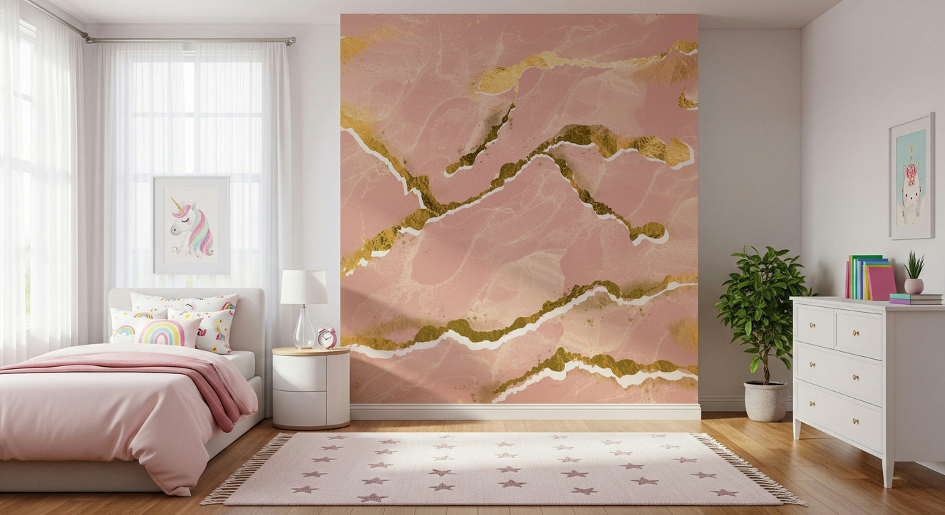 Gold-Accented Blush Marble Wallpaper – Decorative mural showcasing soft pink marble textures with metallic gold veining.