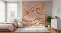 Gold-Accented Blush Marble Wallpaper – Decorative mural showcasing soft pink marble textures with metallic gold veining.