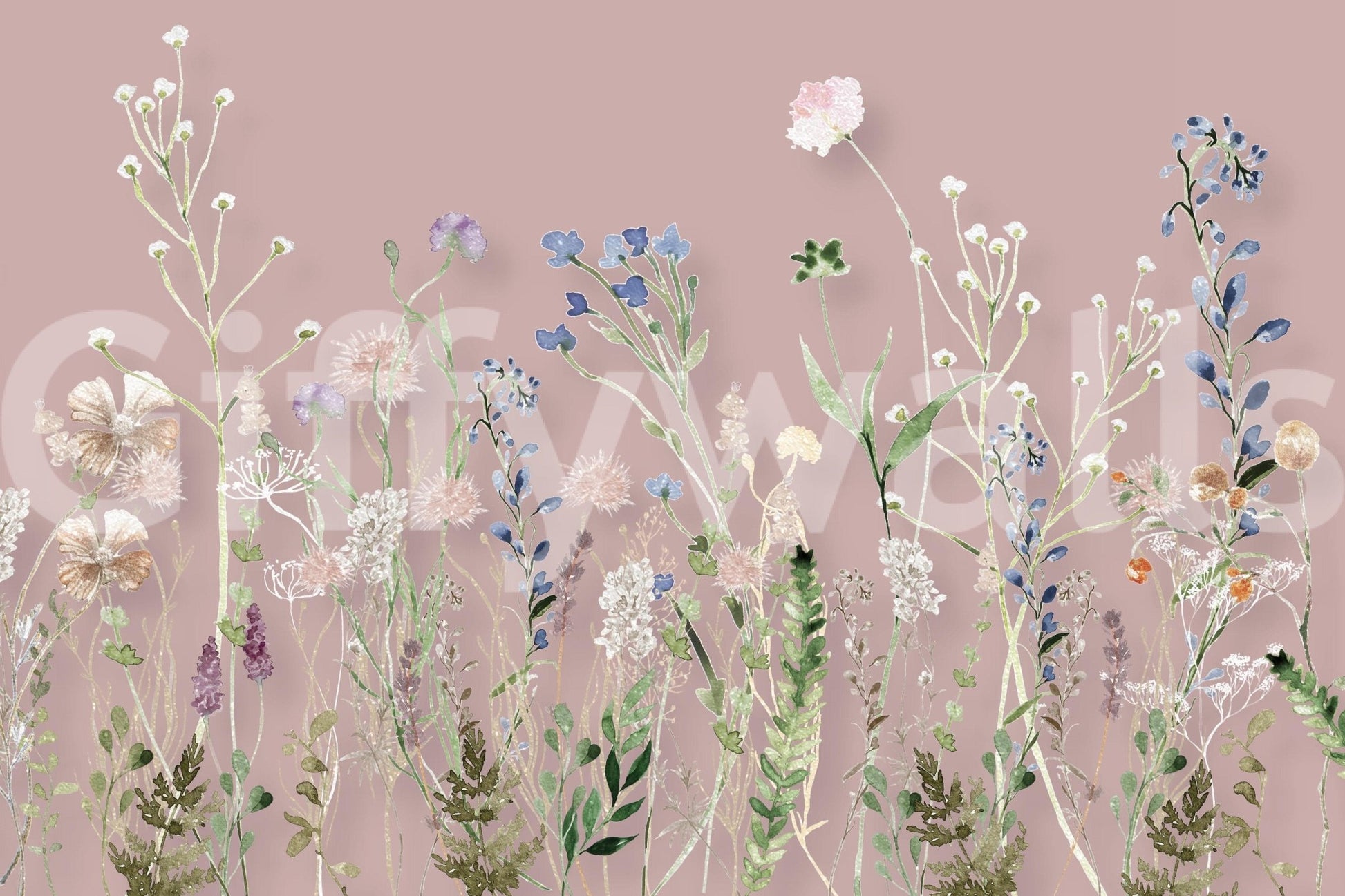 A dreamy wallpaper showcasing delicate wildflowers and leaves blending into a blush background.