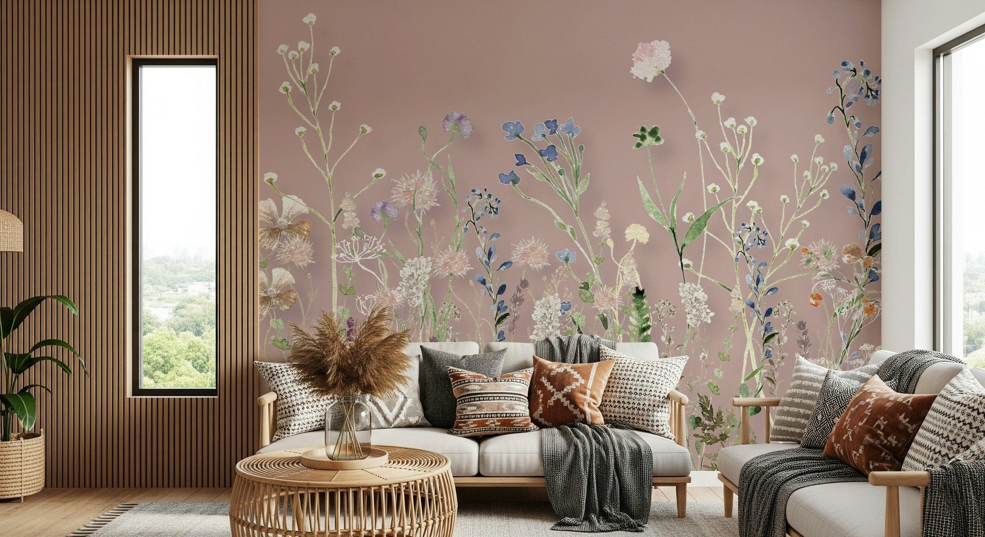 A pastel pink wallpaper with tall wildflowers rising in gentle, hand-painted detail.
